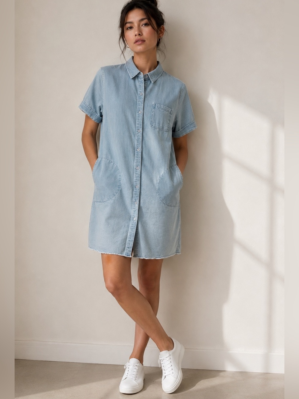 D&Co Denim + Company Light Wash Chambray Denim Shirt Dress Size L